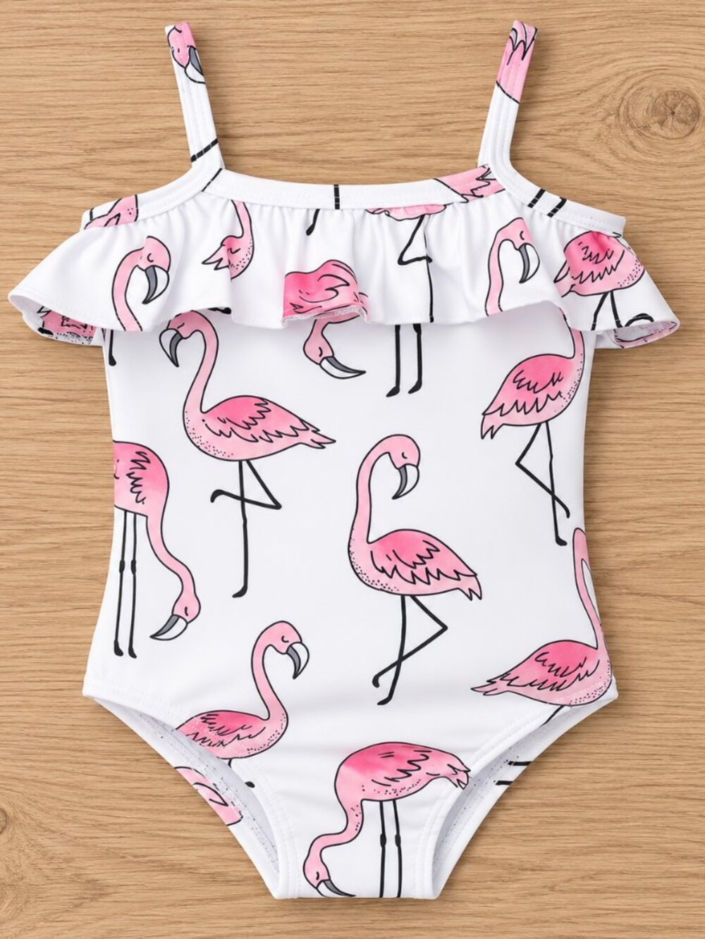 White Flamingo Ruffled Little Girl One-Piece Swimsuit